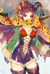 Rule 34 | 10s, 1girl, absurdres, bat wings, boots, breasts, cleavage, frills, gloves, halloween, halloween costume, hat, highres, long hair, looking at viewer, macross, macross delta, majiro (mazurka), mirage farina jenius, navel, pointy ears, purple eyes, purple hair, solo, thigh boots, thighhighs, wings, witch hat