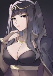 1girl black_background black_hair blunt_bangs bodystocking breasts bridal_gauntlets brown_eyes cleavage commentary eyelashes fire_emblem fire_emblem_awakening highres large_breasts long_hair looking_at_viewer nintendo open_mouth solo tharja_(fire_emblem) tomo_shirasu two_side_up upper_body watermark