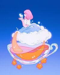 Rule 34 | 1girl, blue background, blue skirt, closed eyes, cloud, crescent moon, cup, gradient background, highres, holding, holding cup, long skirt, medium hair, meyoco, moon, on cloud, original, pastel colors, pink hair, pink liquid, shirt, short sleeves, simple background, skirt, star (sky), steam, teacup, white shirt