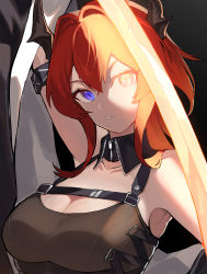Rule 34 | 1girl, absurdres, arknights, arm up, bare shoulders, black dress, breasts, cleavage, commentary request, demon girl, dress, hair between eyes, hair intakes, hati105, highres, horns, infection monitor (arknights), long hair, looking at viewer, medium breasts, parted lips, purple eyes, red hair, solo, surtr (arknights), sword, upper body, weapon