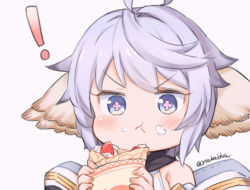 Rule 34 | !, :t, ahoge, animal ears, bare shoulders, blue eyes, blush, commentary, cream, cream on face, crepe, food, food on face, fruit, granblue fantasy, grey background, holding, holding food, jingai modoki, purple hair, short hair, simple background, solo, strawberry, symbol-only commentary, symbol-shaped pupils, twitter username, v-shaped eyebrows, wamdus (granblue fantasy)
