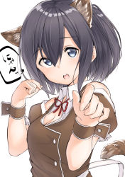 Rule 34 | 1girl, ahoge, animal ears, black hair, blue eyes, blush, bow, breasts, brown shirt, buttons, cleavage, commentary request, cuffs, ears visible through hair, fingernails, hair between eyes, hands up, highres, looking at viewer, open mouth, original, ribbon, shirt, short hair, short sleeves, solo, suzunari shizuku, tail, white background, yuki arare