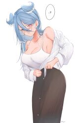 Rule 34 | 1girl, absurdres, aqua eyes, bare shoulders, blue hair, blue wings, breasts, bright pupils, brown skirt, button up skirt, camisole, cleavage, collarbone, collared shirt, dragon girl, dressing, elira pendora, elira pendora (3rd costume), feet out of frame, glasses, hair between eyes, head wings, heterochromia, highres, large breasts, leaning forward, long bangs, long hair, long skirt, long sleeves, nijisanji, nijisanji en, no bra, official alternate costume, official alternate hairstyle, open clothes, open shirt, parkiranhonda, red eyes, round eyewear, shirt, shirt tucked in, sideboob, simple background, skirt, solo, strap gap, striped clothes, striped shirt, virtual youtuber, white background, white camisole, white hair, wings