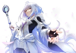 Rule 34 | 1girl, absurdres, art itou, black gloves, black legwear, blue hair, closed mouth, clothing cutout, fate/grand order, fate (series), fingerless gloves, fingernails, gloves, highres, holding, holding staff, long hair, long sleeves, merlin (fate/prototype), merlin (fate/prototype) (second ascension), multicolored hair, petals, purple eyes, shoulder cutout, solo, staff, white background, white hair, wide sleeves