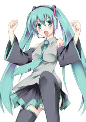 Rule 34 | 1girl, aqua eyes, aqua hair, bad id, bad pixiv id, blush, breasts, detached sleeves, female focus, hatsune miku, headset, hisae (hisae collect), long hair, necktie, panties, pantyshot, simple background, skirt, solo, striped clothes, striped panties, thighhighs, twintails, underwear, very long hair, vocaloid, white background
