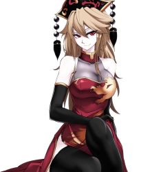 Rule 34 | 1girl, adapted costume, bare shoulders, black gloves, black thighhighs, blonde hair, breasts, china dress, chinese clothes, cleavage, closed mouth, collarbone, commentary request, dress, elbow gloves, eyes visible through hair, female focus, gloves, hair between eyes, hand on lap, hat, headdress, highres, junko (touhou), kikoka (mizuumi), knee up, large breasts, long hair, looking at viewer, mature female, no panties, pale skin, pelvic curtain, red dress, red eyes, see-through, side slit, sidelocks, simple background, sitting, sleeveless, sleeveless dress, slit pupils, smile, solo, tassel, thighhighs, thighs, touhou, white background