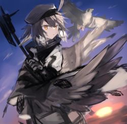 Rule 34 | 1girl, ahoge, arknights, beret, bird, black cape, black gloves, black hat, brown hair, cape, falcon, feathers, gloves, hat, looking afar, multicolored hair, parted lips, plume (arknights), sasa onigiri, shirt, short hair, sketch, solo, sunset, two-tone hair, unfinished, upper body, white hair, white shirt, yellow eyes