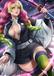 Rule 34 | 1girl, belt, black skirt, blouse, blush, braid, breasts, cleavage, gradient hair, green eyes, green hair, green thighhighs, hand up, haori, heart, holding, holding sword, holding weapon, japanese clothes, kanroji mitsuri, katana, kimetsu no yaiba, long hair, long sleeves, looking at viewer, medium breasts, mole, mole under eye, multicolored hair, narrow waist, neoartcore, no bra, open clothes, open shirt, parted lips, partially unbuttoned, patreon username, pink hair, pleated skirt, realistic, ribbed legwear, shirt, skirt, smile, solo, sword, thighhighs, twin braids, weapon, whip sword