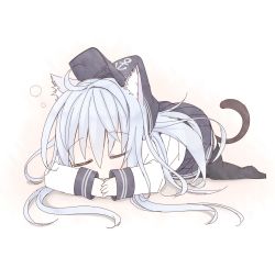 Rule 34 | 10s, 1girl, anchor symbol, animal ears, ayanepuna, black thighhighs, cat ears, cat tail, closed eyes, hibiki (kancolle), highres, kantai collection, kemonomimi mode, long hair, long sleeves, lying, neckerchief, on stomach, school uniform, serafuku, silver hair, simple background, sleeping, solo, tail, thighhighs, white background