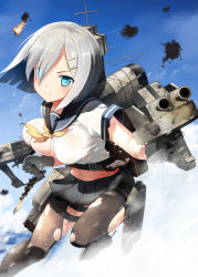 Rule 34 | 10s, 1girl, bad id, bad pixiv id, bell (oppore coppore), black pantyhose, blue eyes, blush, breasts, gloves, hair ornament, hair over one eye, hairclip, hamakaze (kancolle), highres, kantai collection, large breasts, looking at viewer, pantyhose, personification, school uniform, serafuku, short hair, silver hair, skirt, solo, torn clothes, torn pantyhose, white gloves