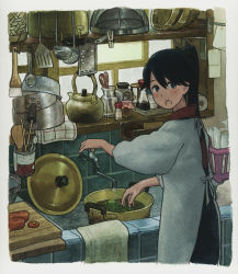 Rule 34 | 10s, 1girl, :o, apron, basket, black hair, blue eyes, blush, carrot, chopsticks, clothes pin, cooking, cutting board, dishes, eyebrows hidden by hair, faucet, food, from behind, glass bottle, houshou (kancolle), indoors, jar, kantai collection, kappougi, kettle, kitchen, ladle, long hair, long sleeves, looking at viewer, looking back, marmalade, note, open mouth, painting (medium), paper towel, pink theme, ponytail, pot, salt shaker, scissors, shelf, shijukara (great tit), sieve, sink, solo, soy sauce, spatula, split mouth, spoon, tiles, toothbrush, towel, traditional media, vegetable, washing, water, water tap, watercolor (medium), wet, white apron