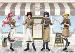 Rule 34 | 2boys, 2girls, absurdres, apron, athrun zala, blonde hair, blue eyes, blue hair, breasts, brown hair, cafe, cagalli yula athha, cake, coffee cup, cup, disposable cup, dress, food, green eyes, gundam, gundam seed, gundam seed freedom, hair ornament, haro, highres, holding, kira yamato, lacus clyne, long hair, looking at viewer, medium breasts, menu board, multiple boys, multiple girls, official art, open mouth, pink hair, ponytail, purple eyes, short hair, smile, table, tray, waitress, yellow eyes