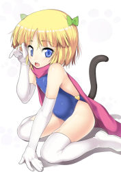Rule 34 | 1girl, bad id, bad pixiv id, bare shoulders, belly, blonde hair, blue eyes, blush, boots, bow, cape, cat tail, child, dragon quest, dragon quest v, elbow gloves, flat chest, gloves, hair bow, hero&#039;s daughter (dq5), looking at viewer, nagase haruhito, one-piece swimsuit, open mouth, pregnant, short hair, sitting, solo, swimsuit, tail, thigh boots, thighhighs, wariza, white gloves, white thighhighs