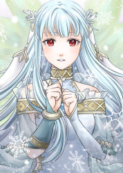 Rule 34 | 1girl, absurdres, bare shoulders, blue dress, blue hair, bridal gauntlets, clenched hand, commentary request, dress, eyelashes, fire emblem, fire emblem: the blazing blade, fire emblem heroes, frills, green background, highres, long hair, midori no baku, ninian (fire emblem), ninian (ice-dragon oracle) (fire emblem), nintendo, official alternate costume, parted lips, red eyes, solo, teeth, upper body