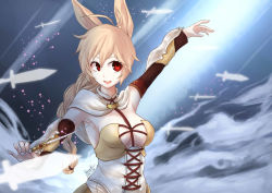 Rule 34 | 10s, 1girl, :d, ahoge, animal ears, arm up, armpits, blonde hair, breasts, capelet, cleavage, dagger, dated, female focus, gradient background, hair between eyes, hair ornament, highres, holding, knife, large breasts, long hair, looking away, nachetanya loei piena augustra, open mouth, outstretched arm, pointer, rabbit ears, red eyes, rokka no yuusha, round teeth, signature, smile, solo, stick, striped, striped background, teeth, weapon