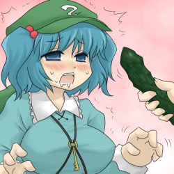 Rule 34 | 1girl, blue hair, blush, breasts, cucumber, drooling, female focus, hair bobbles, hair ornament, hat, kawashiro nitori, key, large breasts, oro (zetsubou girl), saliva, sexually suggestive, solo focus, sweat, touhou, trembling, twintails, two side up