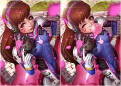 Rule 34 | 1girl, ;), artist name, bodysuit, blowing bubbles, chewing gum, comparison, d.va (overwatch), facial mark, facial tattoo, looking at viewer, magion02, mecha, meka (overwatch), multiple views, one eye closed, overwatch, overwatch 1, pilot suit, robot, signature, smile, tattoo, whisker markings, wink