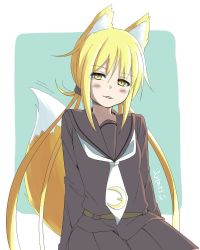 Rule 34 | 10s, 1girl, :3, animal ears, arms behind back, black serafuku, black skirt, blonde hair, commentary request, crescent pin, fang, fox ears, fox tail, hair ornament, kantai collection, kerchief, long hair, long sleeves, looking at viewer, low twintails, moti coi, open mouth, satsuki (kancolle), school uniform, serafuku, sitting, skirt, solo, tail, twintails, yellow eyes