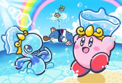 Rule 34 | backwards hat, beach, beanie, blush stickers, cloud, commentary request, copy ability, day, driblee, fatty whale, hat, headphones, innertube, kirby, kirby: star allies, kirby (series), lens flare, nintendo, no humans, ocean, official art, rainbow, smile, swim ring, swimming, waddle dee, water kirby, whale