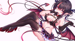 Rule 34 | 1girl, :d, absurdly long hair, absurdres, akasaai, ass, asymmetrical gloves, bare shoulders, black gloves, black hair, breasts, breasts apart, brooch, brown eyes, brown thighhighs, commentary request, crop top, demon girl, demon tail, demon wings, elbow gloves, fang, female focus, gloves, hair ornament, hands up, high heels, highres, jewelry, layered skirt, legs, long hair, looking at viewer, lovelia, medium breasts, midriff, miniskirt, multicolored hair, navel, official art, open mouth, plantar flexion, pleated skirt, pointy ears, red footwear, revealing clothes, simple background, sitting, skirt, sleeveless, smile, solo, stomach, streaked hair, tail, thighhighs, thighs, troubledays, uneven gloves, very long hair, white background, wings