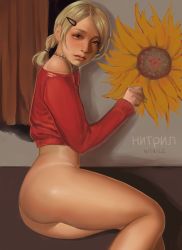 Rule 34 | 1boy, absurdres, androgynous, ass, blonde hair, bottomless, braid, crossdressing, flower, freckles, green eyes, hair ornament, hairclip, highres, lips, looking at viewer, nitrile, realistic, shirt, sunflower, t-shirt, tan, tanline, thighs, torn clothes, trap, twin braids
