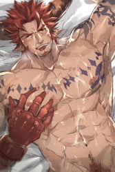 Rule 34 | 1boy, abs, agieruba, bara, blush, cum, cum on male, grabbing, granblue fantasy, highres, horns, large pectorals, lying, male focus, manly, muscular, naughty face, nikism, nipples, pectoral grab, pectorals, smile, solo, sweat, tattoo, tongue, topless male