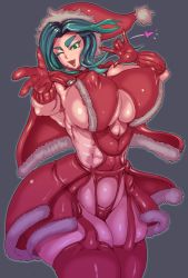 Rule 34 | 1girl, borrowed character, breasts, covered erect nipples, curvy, garter straps, gloves, green eyes, green hair, grey background, heart, highres, huge breasts, long hair, looking at viewer, matching hair/eyes, one eye closed, original, red gloves, red thighhighs, santa costume, sashizume soutarou, simple background, solo, thick thighs, thighhighs, thighs, underboob, wide hips