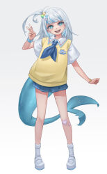 Rule 34 | 1girl, absurdres, bandaid, bandaid on knee, bandaid on leg, blue eyes, blue hair, blue necktie, blue skirt, bracelet, fins, fish tail, gawr gura, gawr gura (school uniform), hair bobbles, hair ornament, hand up, highres, hololive, hololive english, igonnaswing, jewelry, looking at viewer, miniskirt, multicolored hair, name tag, necktie, official alternate costume, open mouth, pleated skirt, school uniform, shark girl, shark hair ornament, shark tail, shirt, shoes, short sleeves, side ponytail, simple background, skirt, smile, socks, solo, standing, streaked hair, tail, teeth, uwabaki, v, vest, virtual youtuber, white background, white hair, white shirt, white socks, yellow vest