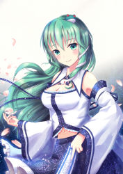 Rule 34 | 1girl, breasts, cleavage, cleavage cutout, clothing cutout, detached sleeves, frog hair ornament, gradient background, green eyes, green hair, hair ornament, kochiya sanae, long hair, long sleeves, matching hair/eyes, non (nobu), petals, shirt, skirt, smile, snake hair ornament, solo, spell card, touhou, very long hair, wide sleeves
