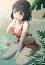 Rule 34 | 1girl, :o, alternate costume, beach, bikini, bikini skirt, black hair, blunt bangs, blunt ends, blush, breasts, cleavage, collarbone, commentary request, flower, flower knot, full body, green eyes, hair flower, hair ornament, link! like! love live!, looking at viewer, love live!, medium breasts, momose ginko, open mouth, orange flower, red bikini, sand, satolive20, short hair, sitting on water, solo, swimsuit, virtual youtuber