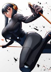 Rule 34 | 1girl, absurdres, black bodysuit, black hair, blush, bodysuit, breasts, closed mouth, commentary request, dagger, dual wielding, gantz, gantz suit, hairband, highres, holding, holding dagger, holding knife, holding weapon, knife, large breasts, looking at viewer, red eyes, short hair, simple background, skin tight, solo, spy x family, thighs, tight clothes, tsurime, urizaku3, weapon, white background, yellow hairband, yor briar