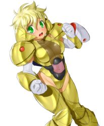 Rule 34 | 1girl, armor, blonde hair, blush, character request, covered navel, d:, dot nose, dutch angle, elbow gloves, gloves, green eyes, grey gloves, gundam, hand up, highleg, highleg leotard, leotard, looking at viewer, onsoku inu, open mouth, pauldrons, personification, short hair, shoulder armor, simple background, solo, teeth, thighhighs, turn a gundam, upper teeth only, white background, yellow thighhighs