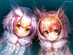 Rule 34 | 10s, 2girls, :&lt;, :o, aqua background, artist name, black background, blonde hair, blush, brown coat, brown hair, buttons, coat, collar, eurasian eagle owl (kemono friends), expressionless, eyelashes, fur collar, gradient background, grey hair, head wings, highres, hinasumire, kemono friends, light brown hair, long sleeves, looking at viewer, multicolored background, multicolored hair, multiple girls, northern white-faced owl (kemono friends), open mouth, orange eyes, orange hair, short hair, signature, two-tone background, upper body, white coat, white hair, wings, yellow eyes