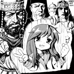 Rule 34 | 1girl, 3boys, beard, building, byzantine architecture, byzantine empire, clenched hand, commentary, crown, drawing, english commentary, facial hair, frown, greyscale, grin, highres, hindsart, holding, izumi konata, lucky star, mole, mole under eye, monochrome, multiple boys, original, pointing, pointing at viewer, priest, ryouou school uniform, school uniform, serafuku, smile, star (symbol), v, watermark, web address