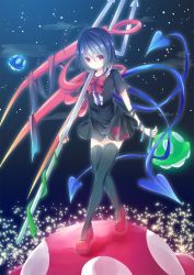 Rule 34 | 1girl, asymmetrical wings, black hair, black skirt, black thighhighs, bow, cloud, cloudy sky, glowing, highres, houjuu nue, mary janes, moonlight, night, night sky, parted lips, polearm, red eyes, ribbon, shiki no haru, shoes, short hair, short sleeves, skirt, sky, snake, standing on object, star (sky), thighhighs, touhou, trident, ufo, weapon, wings, zettai ryouiki