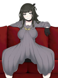 Rule 34 | 1futa, absurdres, black gloves, black hair, breasts, bulge, clothes, couch, dark green hair, erection, erection under clothes, futanari, girls&#039; frontline, gloves, green eyes, highres, huge penis, jormungand (girls&#039; frontline), large breasts, large penis, long hair, looking at viewer, on couch, penis, physisyoon, simple background, sitting, solo