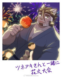 Rule 34 | 1boy, aerial fireworks, ahoge, animal ears, bara, cat boy, cat ears, facial hair, fireworks, furry, furry male, goatee, highres, holding, live a hero, looking at viewer, male focus, mallards, muscular, muscular male, pectoral cleavage, pectorals, short hair, smile, solo, summer festival, thick eyebrows, translation request, tsuneaki (live a hero), upper body