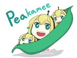 3girls amano_pikamee black_hairband blonde_hair commentary disembodied_head green_eyes hairband hashtag-only_commentary multiple_girls open_mouth pun reikamaru sharp_teeth signature smile teeth twitter_username voms