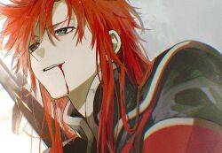 Rule 34 | 1boy, asch (tales), blood, blood from mouth, commentary request, eyelashes, green eyes, grey background, highres, long hair, male focus, meba, parted lips, red hair, scene reference, simple background, smile, solo, spoilers, sword, tales of (series), tales of the abyss, upper body, weapon, white trim