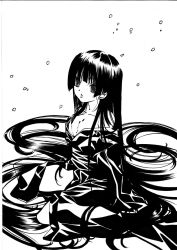 Rule 34 | 1girl, collarbone, enma ai, expressionless, from side, full body, greyscale, highres, japanese clothes, jigoku shoujo, kimono, long hair, monochrome, off shoulder, petals, senomoto hisashi, simple background, sitting, solo, very long hair, white background