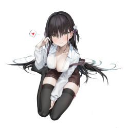 Rule 34 | 1girl, :t, absurdres, black hair, black thighhighs, blonde hair, blush, breasts, brown skirt, cafe stella to shinigami no chou, chinese commentary, cleavage, closed mouth, collarbone, collared shirt, earrings, hair intakes, hair ornament, hair over eyes, hairclip, hand in own hair, hand up, heart, highres, jewelry, long hair, long sleeves, looking at viewer, medium breasts, miniskirt, mole, mole under eye, no shoes, oka ball, partially unbuttoned, pout, shiki natsume, shirt, side slit, simple background, sitting, skindentation, skirt, solo, spoken heart, strap slip, stud earrings, suspender skirt, suspenders, thighhighs, very long hair, white background, white shirt, yellow eyes, yokozuwari