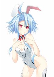Rule 34 | &gt;:(, 10s, 1girl, adapted costume, ahoge, animal ears, bare shoulders, blanc (neptunia), blue hair, blush, bodysuit, bow, bowtie, breasts, covered navel, cowboy shot, fake animal ears, frown, gear gene, gene (gear gene), groin, highres, leaning, leaning forward, leotard, long hair, looking at viewer, neptune (series), playboy bunny, power symbol, power symbol-shaped pupils, rabbit ears, red eyes, shiny skin, short hair, short hair with long locks, sidelocks, simple background, small breasts, solo, symbol-shaped pupils, thighhighs, v-shaped eyebrows, white background, white heart (neptunia)