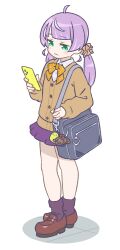 Rule 34 | 1girl, ahoge, alternate costume, bag, blunt bangs, blush, bow, bowtie, brown cardigan, brown footwear, cardigan, cellphone, character charm, charm (object), closed mouth, collared shirt, crossed legs, full body, green eyes, hair ornament, hair scrunchie, half-closed eyes, highres, holding, holding phone, loafers, long sleeves, looking at phone, low twintails, magari (c0rn3r), miniskirt, mochi hiyoko, mochipro, mode aim, orange bow, orange bowtie, phone, plaid, plaid bow, plaid bowtie, pleated skirt, purple hair, purple skirt, purple socks, school bag, scrunchie, shirt, shoes, shoulder bag, simple background, skirt, smartphone, socks, solo, standing, twintails, virtual youtuber, white background, white shirt