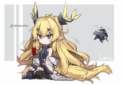 Rule 34 | 1girl, arknights, blonde hair, blue eyes, character name, drone, fingerless gloves, gloves, horns, leizi (arknights), long hair, off shoulder, pointy ears, seiza, sitting, solo, tail, thick eyebrows, twitter username, ymayma00ss