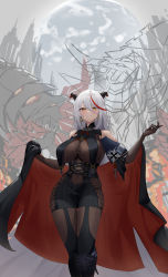 Rule 34 | 1girl, aegir (azur lane), anchor symbol, asymmetrical footwear, azur lane, black cape, bodystocking, boots, breast curtains, breasts, cape, closed mouth, covered navel, cross, cross-laced clothes, cross earrings, demon horns, earrings, hair between eyes, highres, horns, iron cross, jewelry, knee boots, large breasts, long hair, looking at viewer, multicolored hair, navel, non-humanoid robot, parted lips, red cape, red hair, robot, robot animal, robot dragon, shionootsu, single knee boot, skin tight, skindentation, smile, solo, streaked hair, swept bangs, two-tone cape, two-tone hair, underbust, uneven footwear, unfinished, white hair, yellow eyes