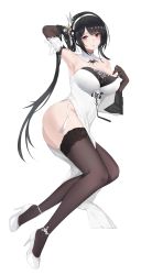 Rule 34 | 1girl, absurdres, adjusting hair, azur lane, bare shoulders, black gloves, black hair, black thighhighs, blunt bangs, breasts, chen hai (azur lane), cleavage, commentary request, covered navel, detached collar, dress, elbow gloves, eyelashes, forehead, full body, gloves, hair ornament, hair tie, hair tie in mouth, hairband, hand on own chest, headband, high heels, highres, knees together feet apart, kuyoumi, lace, lace-trimmed legwear, lace trim, large breasts, legs together, long hair, looking at viewer, lying, mouth hold, on side, parted bangs, red eyes, simple background, solo, strapless, strapless dress, symbol-shaped pupils, thighhighs, thighs, twisted torso, very long hair, white background, white dress, white footwear, white hairband, wide sleeves, ||/