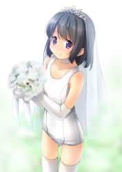 Rule 34 | 1girl, bare shoulders, black hair, blush, bouquet, bridal veil, bride, choker, closed mouth, collarbone, commentary request, commission, elbow gloves, flower, gloves, highres, holding, holding bouquet, looking at viewer, old school swimsuit, one-piece swimsuit, original, purple eyes, school swimsuit, see-through, shibacha, skeb commission, smile, solo, swimsuit, thighhighs, tiara, veil, white choker, white flower, white gloves, white one-piece swimsuit, white thighhighs