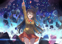 Rule 34 | 10s, 1girl, brown eyes, brown hair, idolmaster, idolmaster cinderella girls, long hair, md5 mismatch, microphone, one side up, open mouth, outstretched arm, petals, school uniform, shimamura uzuki, smile, solo, tears, zzzzxxx2010nian