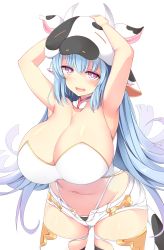 Rule 34 | 1girl, animal ears, animal print, armpits, arms up, blue hair, blush, breasts, catura (granblue fantasy), cleavage, cow ears, cow hood, cow print, detached collar, draph, gradient hair, granblue fantasy, hands on own head, highres, huge breasts, long hair, looking at viewer, multicolored hair, navel, open mouth, purple eyes, purple hair, short shorts, shorts, simple background, smile, solo, sukage, thighhighs, thighs, open fly, white background, white thighhighs