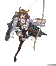 Rule 34 | 1girl, ahoge, arrow (projectile), bare shoulders, boots, bow (weapon), breasts, brown eyes, brown hair, brown skirt, cannon, commentary, commission, detached sleeves, double bun, frilled skirt, frills, hair bun, hairband, headgear, highres, holding, holding bow (weapon), holding weapon, japanese clothes, kantai collection, kongou (kancolle), long hair, medium breasts, nontraditional miko, pleated skirt, quiver, ribbon-trimmed sleeves, ribbon trim, rigging, satyarizqy, simple background, skirt, solo, standing, standing on one leg, thigh boots, thighhighs, turret, weapon, white background, yumi (bow)